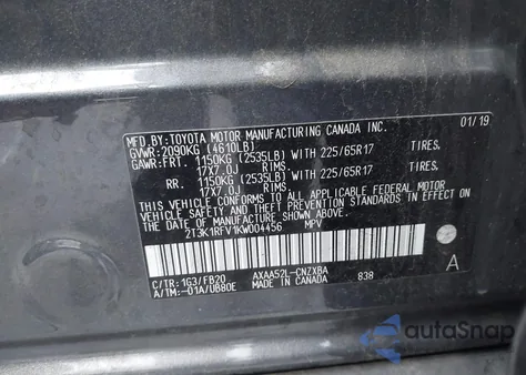 2019 Toyota Rav4 Le from USA, damaged, VIN 2T3K1RFV1KW004456